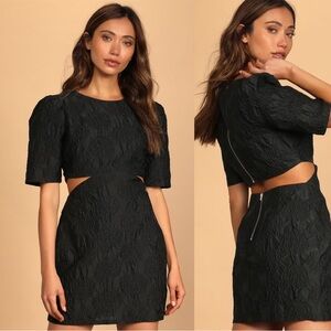 Lulus Romantic Reunion Black Jacquard Cutout Short Sleeve Mini Dress Size Small